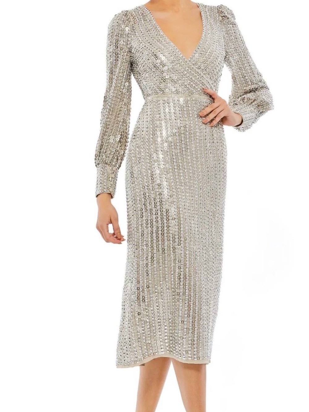Mac Duggal Silver Sequin V-Neck Midi Dress